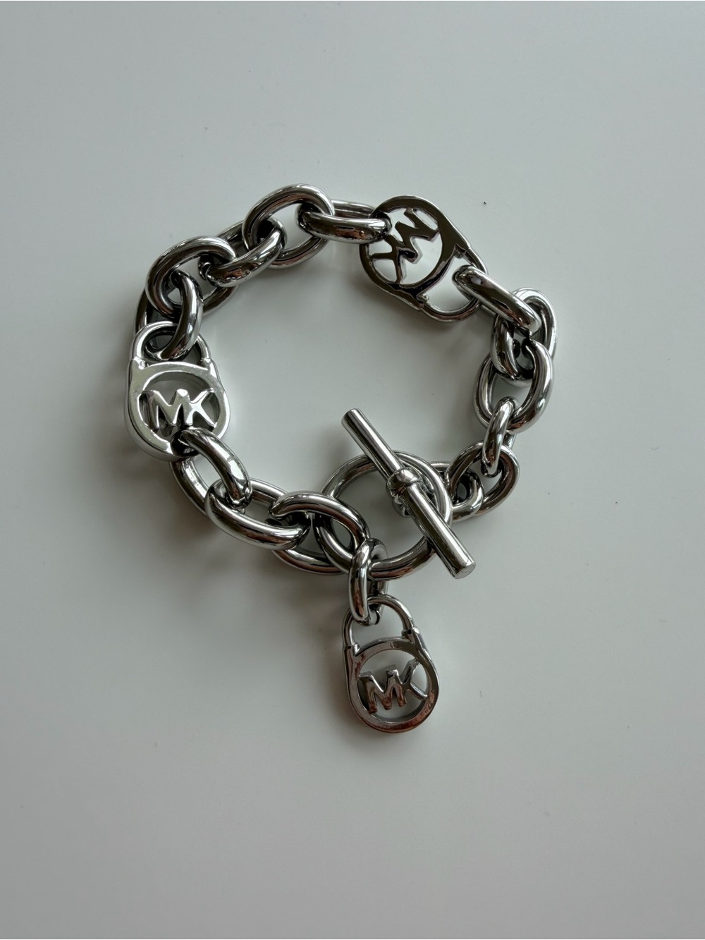 Michael Kors Polished Silver-Tone MK Charm Chain Bracelet - Picture 3 of 5